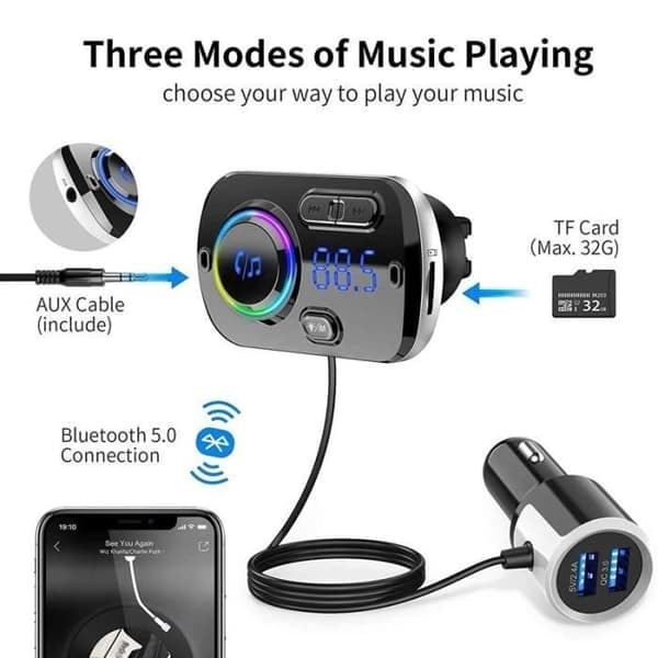 /QD/FM-sender Bluetooth 5.0 trådløs radioadapter Håndfri bilsæt, QC3.0 og farverigt lys