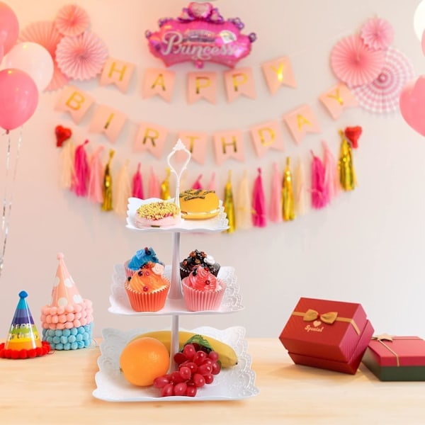 [QD] 3-lags kagefremvisningsstativ, hvidt afternoon tea-stativ, genanvendeligt plastik kvadratisk muffin frugt dessert party serveringsfad stativ