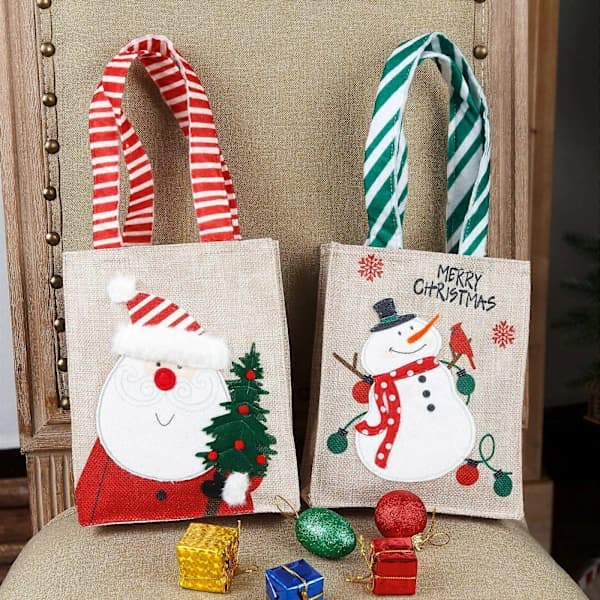 2 st Nya Bärbara Julklappspåsar Linne Tecknad Snögubbe Presentpåse Godispåse Äppelpåse Julpåse