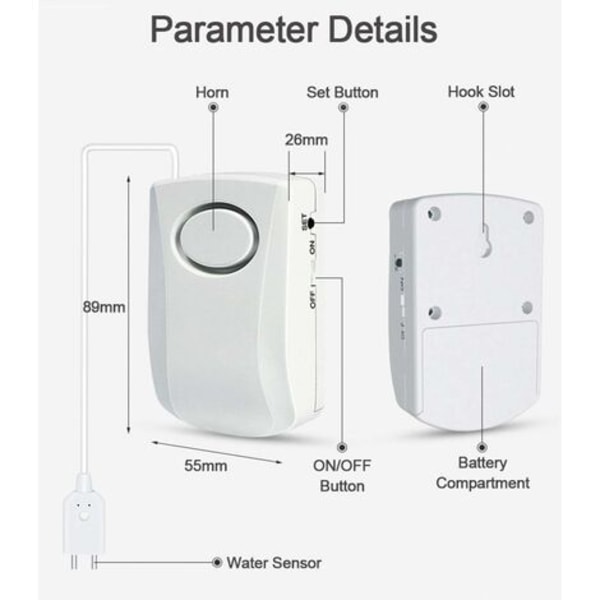QQU-130dB Vandlækagealarm, 95CM Langt Kabel med Sensor, Hjemmesikkerhed Vandlækagedetektionsalarm, Batteri Inkluderet