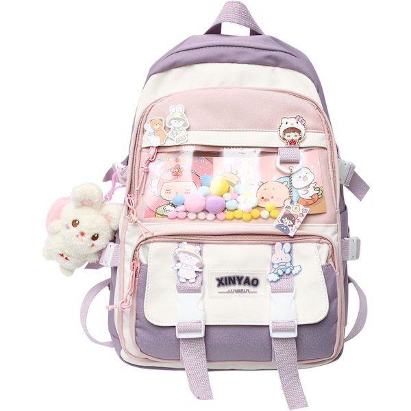 Ryggsäck med söt kort plyschhänge Kawaii skolväska vacker ryggsäck flicka skolväska skolmaterial Lila