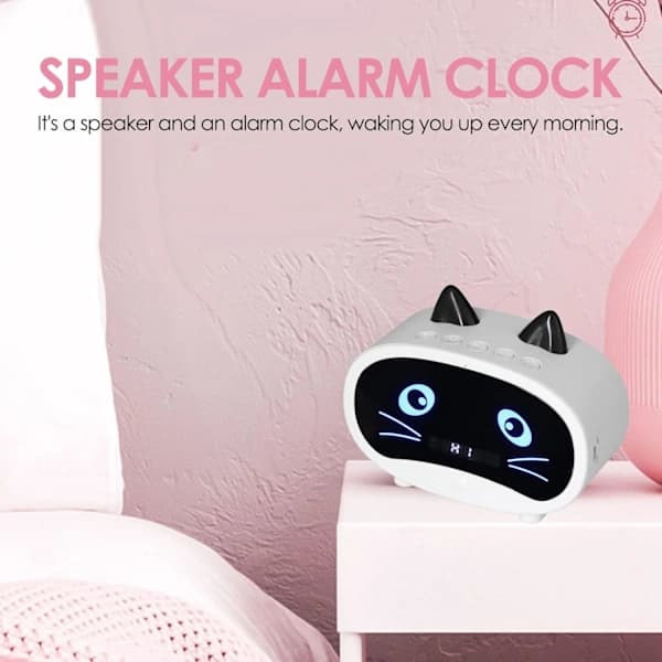 Bluetooth Klockradio, Multifunktionell Trådlös Väckarklocka Bluetooth Högtalare MP3-spelare, Söt Kattöredesign, Stöd för Bluetooth/Minneskortingång