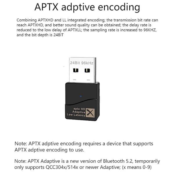 APTX Adaptive, USB Bluetooth 5.2 Lydsender, Driverfri C