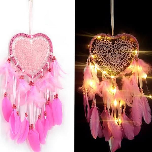 Stilfull drømmefanger med LED-lyssløyfe Hjerte Sha Pink 1 med light_QF