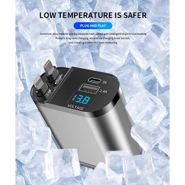 2-pack Retractable Car Chargers - Dual USB-C Cables, PD Fast Charging, Voltage Meter, Water-Resistant Cigarette Lighter Adapter