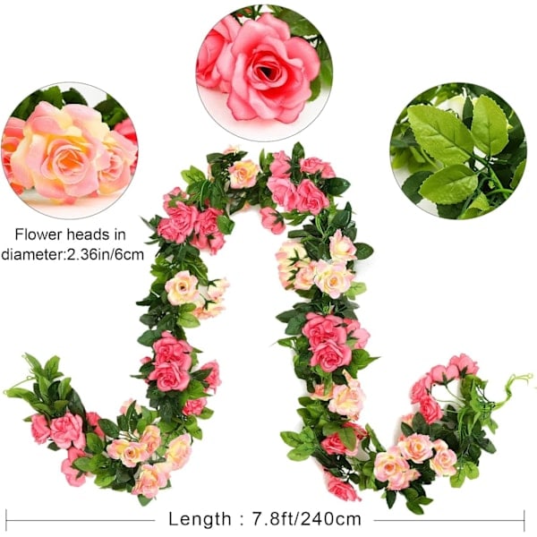 \"QD\" 2 st 2,4 m Dubbelfärgad Konstgjord Rosgirlang Rankor Hängande Sidenblommor Konstgjord Blomma
