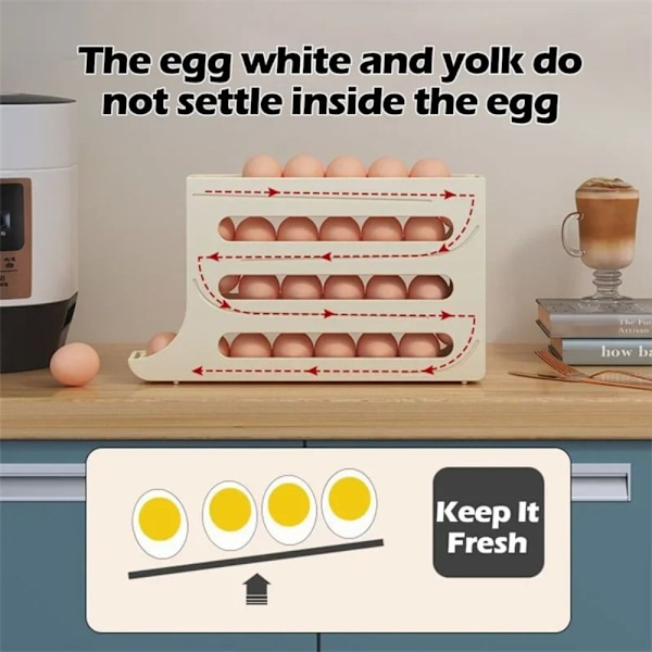 4-lags eggeholder for kjøleskap Eggdispenser Automatisk rullende eggbrett Oppbevaring 30 eggbeholdere Beige