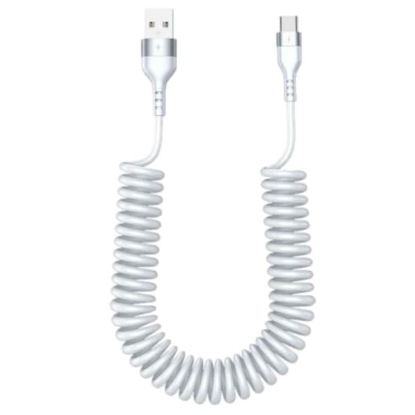 USB A til USB-C Spiralkabel 5A Hurtiglading 1,5m Hvit_qq