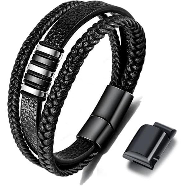 [QD] Sort læderarmbånd til mænd - Bredt flettet ægte læderarmbånd med magnetisk lås (Læderarmbånd med led)