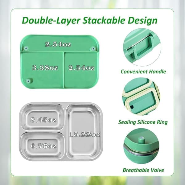 Stainless Steel Bento Box for Kids, Leakproof Double Layer Lunch Box with 3 Compartments, Metal Container