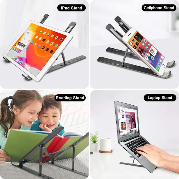 Grå Laptop Stativ, 7 Nivåer Høydejusterbart Laptop Stativ Skrivebord, Aluminium Ventilert Kjølestativ Laptop Riser, Silikon Sklisikker Notebook Riser