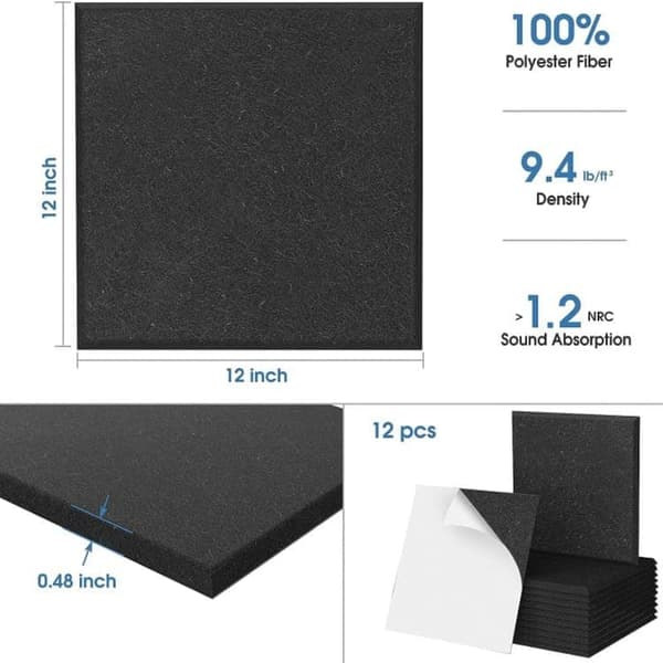 Akustikkpanel 12-pakning 30x30cm Selvklebende Lydisolerende Veggpanel Polyester