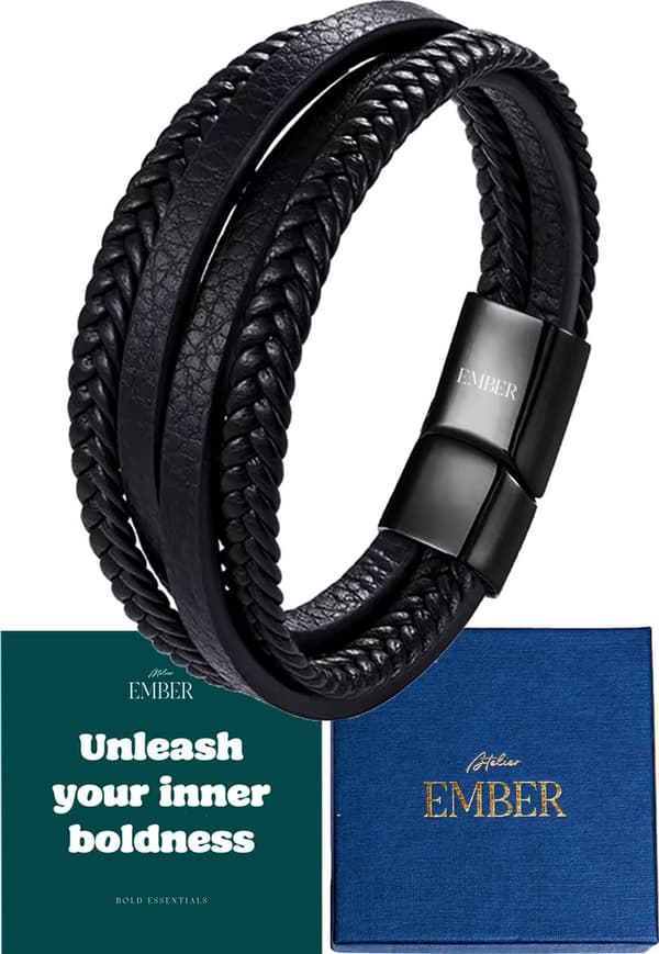 Flettet læderarmbånd til mænd, ægte sort læder, magnetisk lås i rustfrit stål, justerbart, gave til far, mand, bedstefar