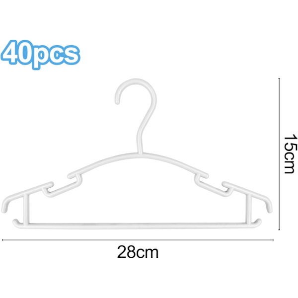 QU*Set med 40 vita barngalgar, plasthängare för barn, längd 28 cm, babygalgar med krokar för att spara utrymme för t-shirts, babytröjor, byxor