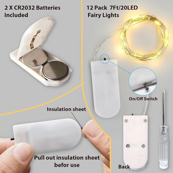 \"QD\" 12-pack LED-ljusslingor, 2,1 m 20 LED Varmvit Batteridrivna Ljusslingor, Vattentäta Mini LED-ljusslingor