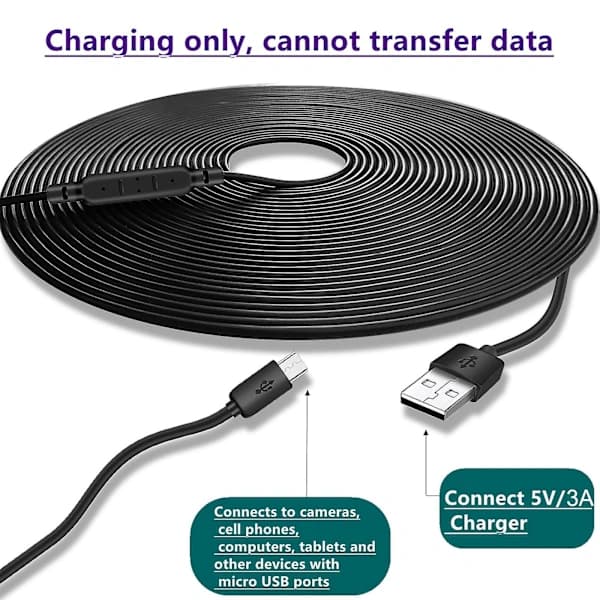 USB til Micro USB Ladekabel til Termometer / Kamera / CCTV Kamera 15m