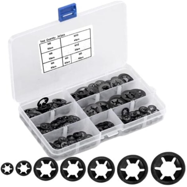 #QD#340 stk M3/M4/M5/M6/M8/M10/M12 Låseskiver med æske Starlock indvendige tænder Låseskiver Sikkerhedsskiver Sortiment Sort