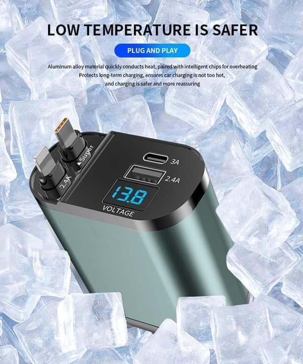 Dual Cable Car Charger – USB-C + Lightning Fast Charging, Voltage Meter, Water-Resistant Cigarette Lighter Adapter