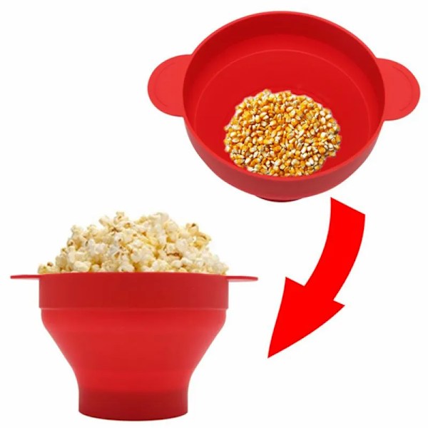 QU.Creative Popcornskål i silikon, hopfällbar, för hemmabruk, mikrovågsugnsäker popcornmaskin med lock, popcornhink för bakning