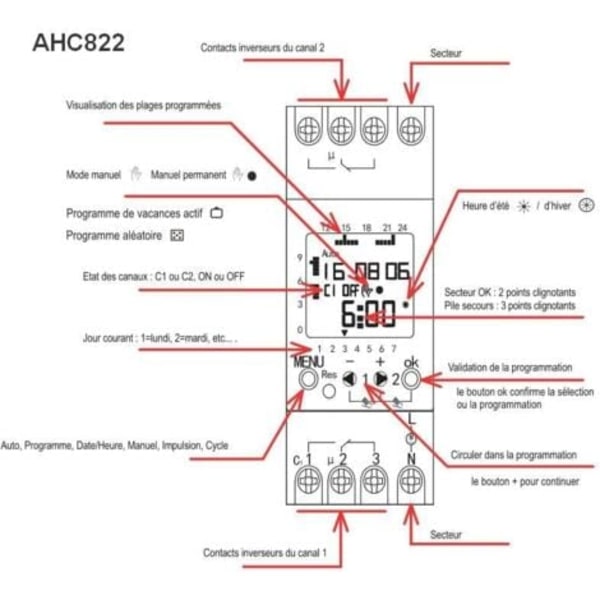 QQU-AHC822 Dual Channel Timer, 220V Modulær Klokke, 7 Dager, 24 Timer, Programmerbar Bassengtimer, LCD Elektronisk Digital Bryter, Digital Klokke