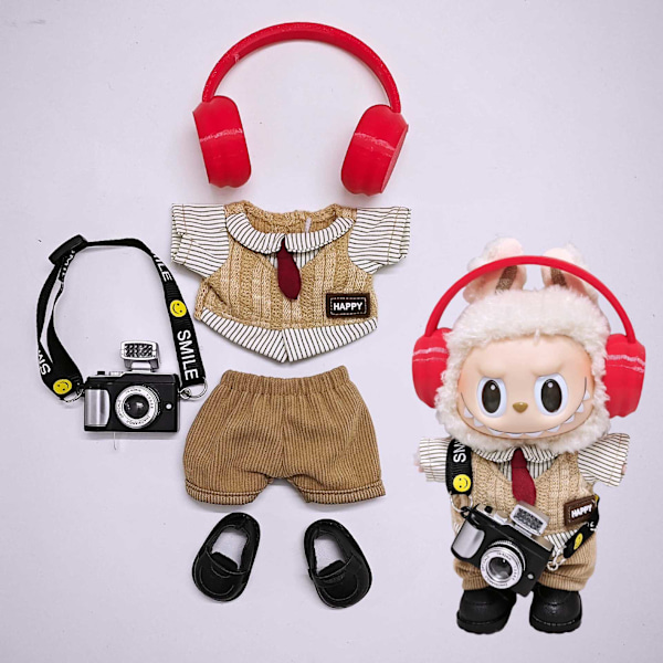 /QU/Labubu Kläder Lämpliga för En Två Tre Generationer Labubu att Bära (endast kläder, exklusive dockor) Top pants red headphone camera shoes