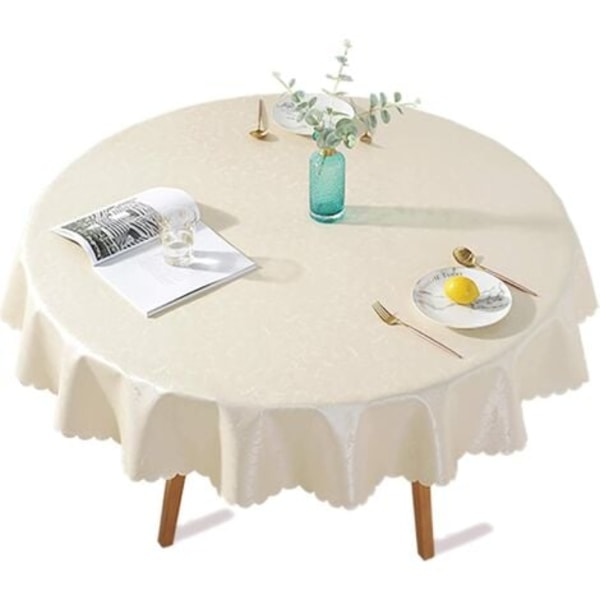 #QD#PU-belagd plastduk rund fläckresistent vattentät vaxduk Elegant blomstertryck för picknick, utomhus, trädgård - Diameter 140 cm, ljusbeige
