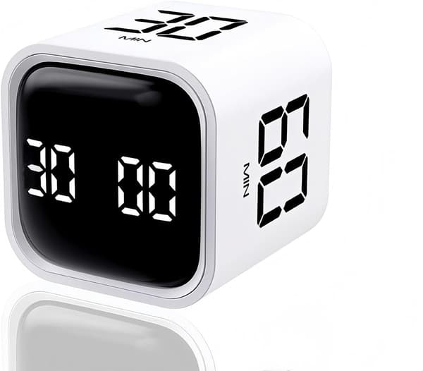 Digital terningtimer, genopladelig nedtællingstimer med tyngdekraftssensor og vibrationsalarm til køkken, studie og arbejde, hvid