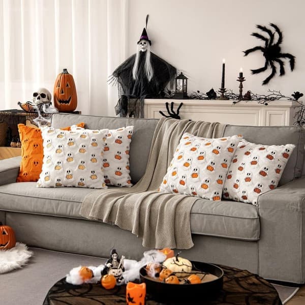 Halloween Kuddfodral - 45×45cm med Pumpa & Spökdesign, Festlig Prydnadskudde
