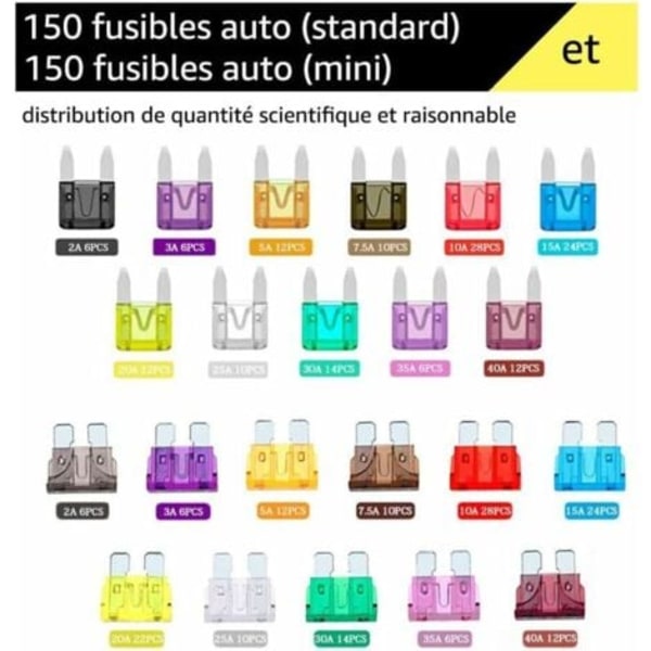 QU/150 Små Bilsikringer + 150 Medium Bilsikringer - 11 Specifikationer Bilsikring: 2A 3A 5A 7.5A 10A 15A 20A 25A 30A 35A 40A, med en lille