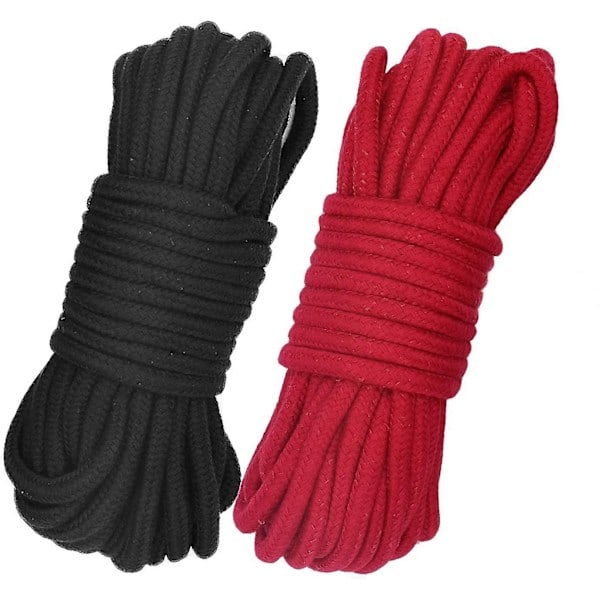 [QD] Mjukt Bomullsrep 10m Långt 8mm Tjockt Mångsidigt Hållbart Långt Rep. Knutrep Spetsrep (2-pack, Svart + Röd)