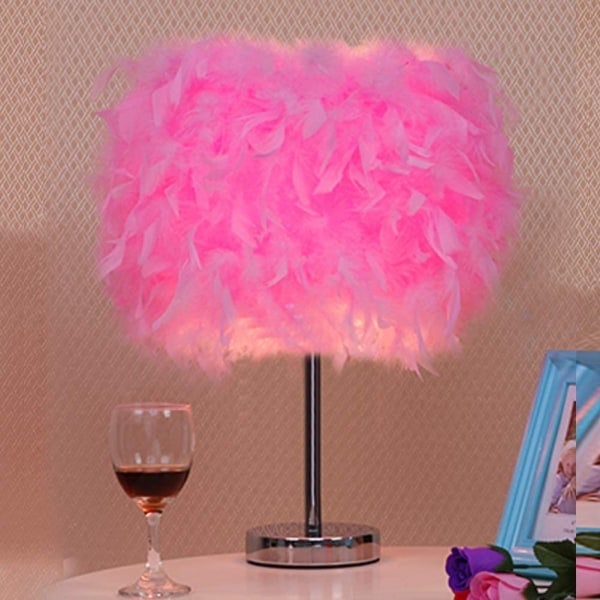 [QD] Fjærbordlampe Vintage Elegant Sengelampe Nattlampe Rosa Lampeskjerm for Soverom Foajé Stue Leselampe Stue