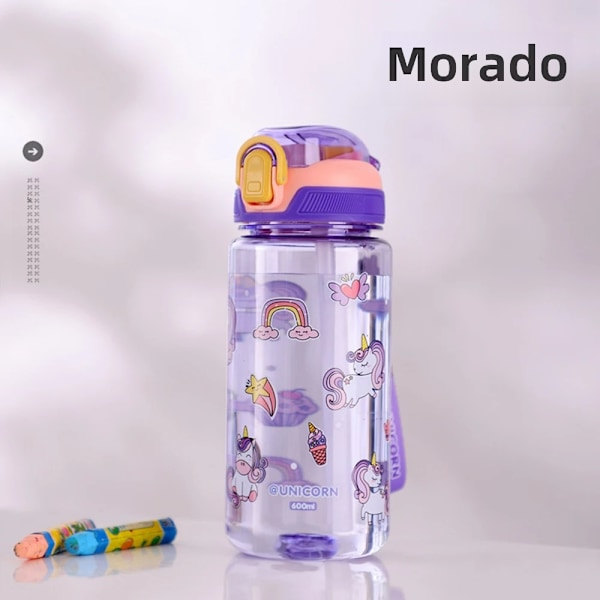 QU)Lasten vesipullo 600ml silikonipillillä ja dinosauruskuviolla, läikkymätön, ympäristöystävällinen muovi kesään Morado 600ML