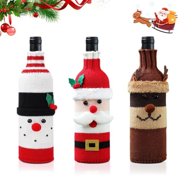 Julöverdrag för vinflaskor, 3-pack stickade vinflasköverdrag, vinflaskförpackningar för jul, vinflaskdekoration