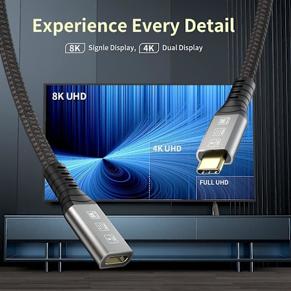 QD-Thunderbolt 4 -jatkojohto, USB-C-kaapeli USB-C uros-naaras, tukee 8k/5k@60hz videota / 40gbps tiedonsiirtoa / 100w latausta (0,8m)