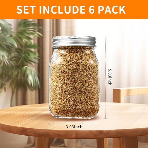 QU*Set med 6 Mason Jars, 500 ml glasburkar med lock, lufttäta glasburkar med lock, perfekt för hemgjord sylt, inlagda grönsaker, overnight oats