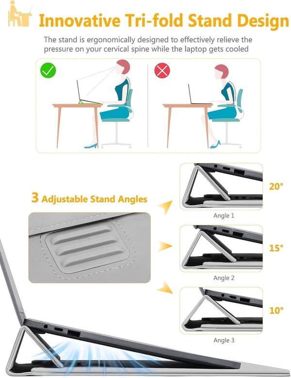 15-16 tommer laptop sleeve, 3-vinklet justerbart stativ, stødabsorberende imiteret ruskind, tilbehørspose, til skole, rejser, lysegrå
