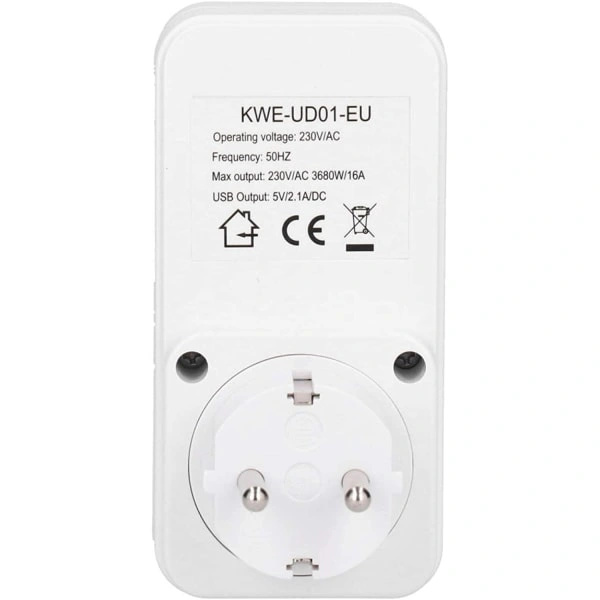 Uttag med timer och USB, 16A, 230V, Vit