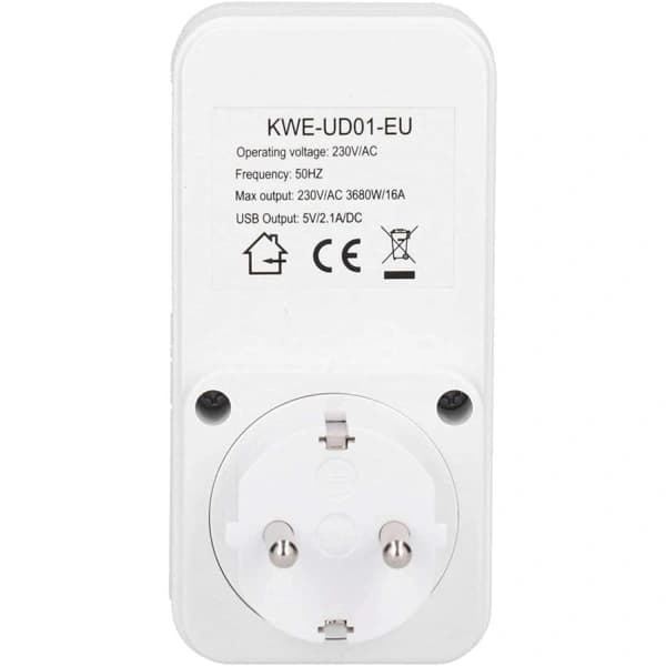 Uttak med timer og USB, 16A, 230V, Hvit