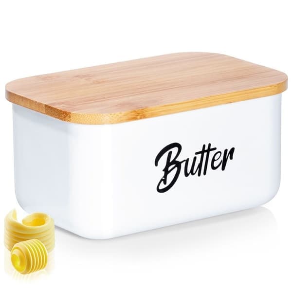 Smörask i vit stål med bambulock och \"Butter\"-text