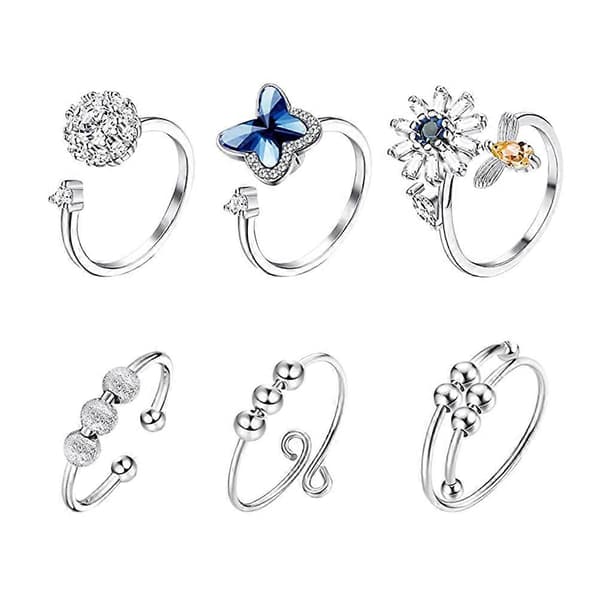 6 stk Justerbare Ringer Kvinner Enkel Fidget Ring Angst Ringer Reduser Stress Ring Fidget Ringer Kvinner Åpen Ring