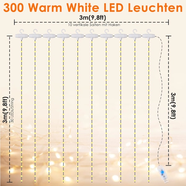 QU*Anpro LED Curtain Lights USB Powered 3x3m 300 LEDs String Fairy Lights with 8 Lighting Modes for Party Decoration Bedroom Decor Indoor Lighting Warm White