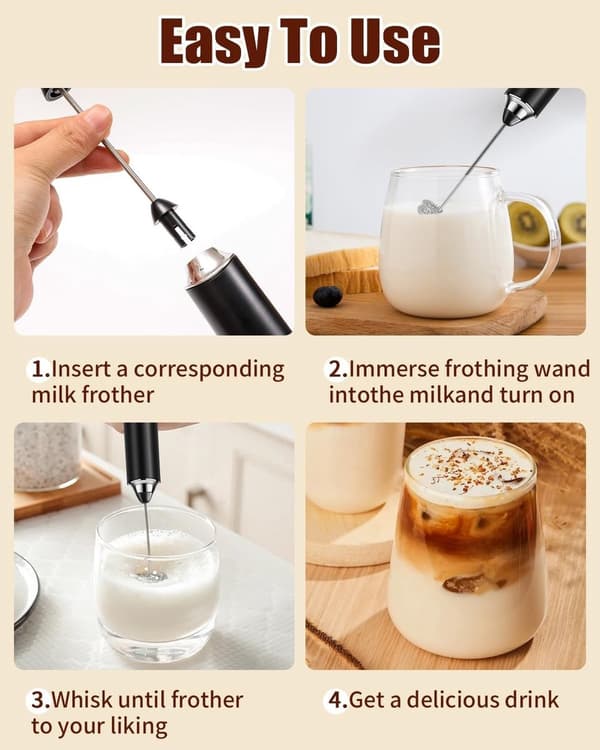 Håndholdt mælkeskummer USB-genopladelig med 3 hastigheder og 3 piskeris i rustfrit stål til kaffe, latte, cappuccino, matcha, sort