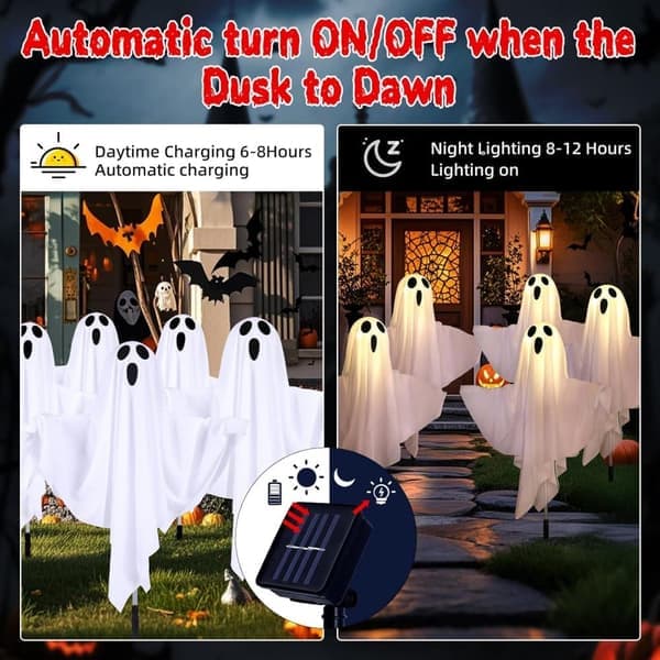 5-pack Halloween Solcellslampor, Spöklampor för Utomhusbruk, Markspett med Spöken, Trädgårdsdekoration