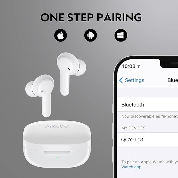 Trådløse Hodetelefoner, QCY T13 Headset Bluetooth 5.1 med Mikrofon Touch Control, 40 Timers Spilletid