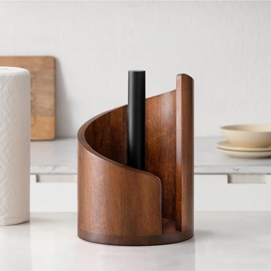 Paper Towel Holder Stand Solid Wood Vertical Roll Dispenser With Metal Side Bar for Kitchen Countertop Dining Table Brown