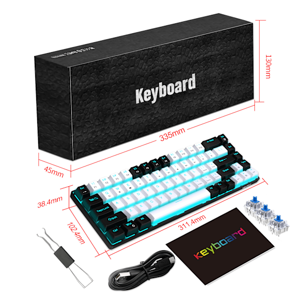 \"QD\" Wired Gaming Keyboard, RGB Backlit, Ultra-Compact Mini Keyboard with Detachable Cable, Black and White Color
