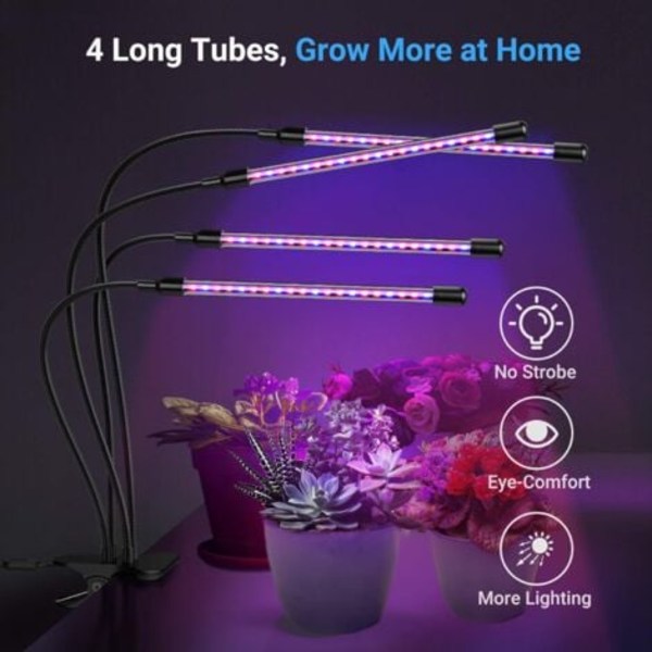 QQU-Kasvilamppu, 80 LED Kasvuvalo Täysi Spektri Ajastimella, 3 Väritilaa, 6 Valotehoa Bonsai-puutarhanhoitoon, 4 Päätä 80W