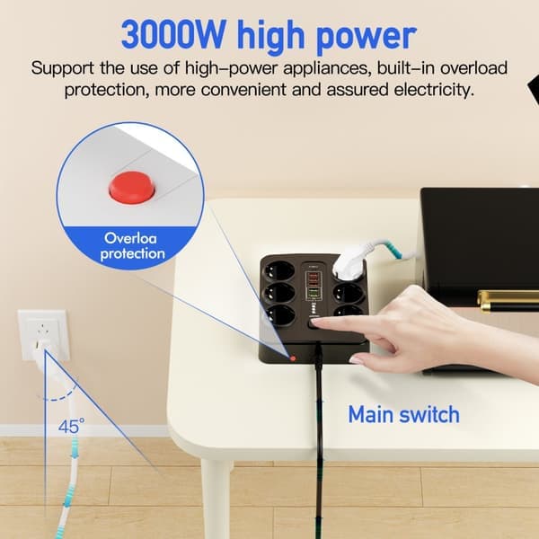 EU 6-Stikdåse, 5 USB-porte, 1 USB-C-port