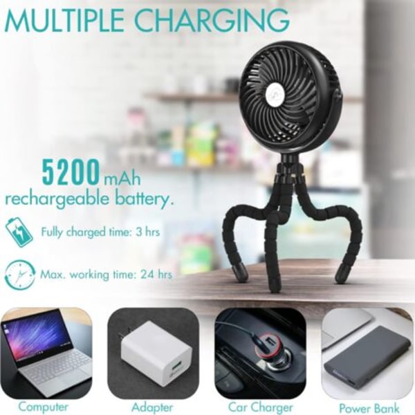 #QD#Kannettava henkilökohtainen tuuletin, 5200mAh akkukäyttöinen pöytätuuletin joustavalla jalustalla, 360° USB-tuuletin lastenvaunuihin, autoon jne.