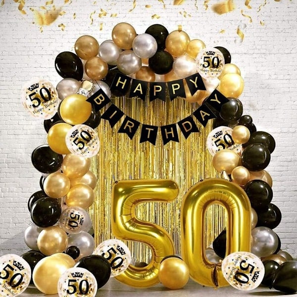 [QD] 50 Års Sort Guld Fødselsdagsdekoration Tillykke Med Fødselsdagen Banner Helium Balloner Tal 50 XXL